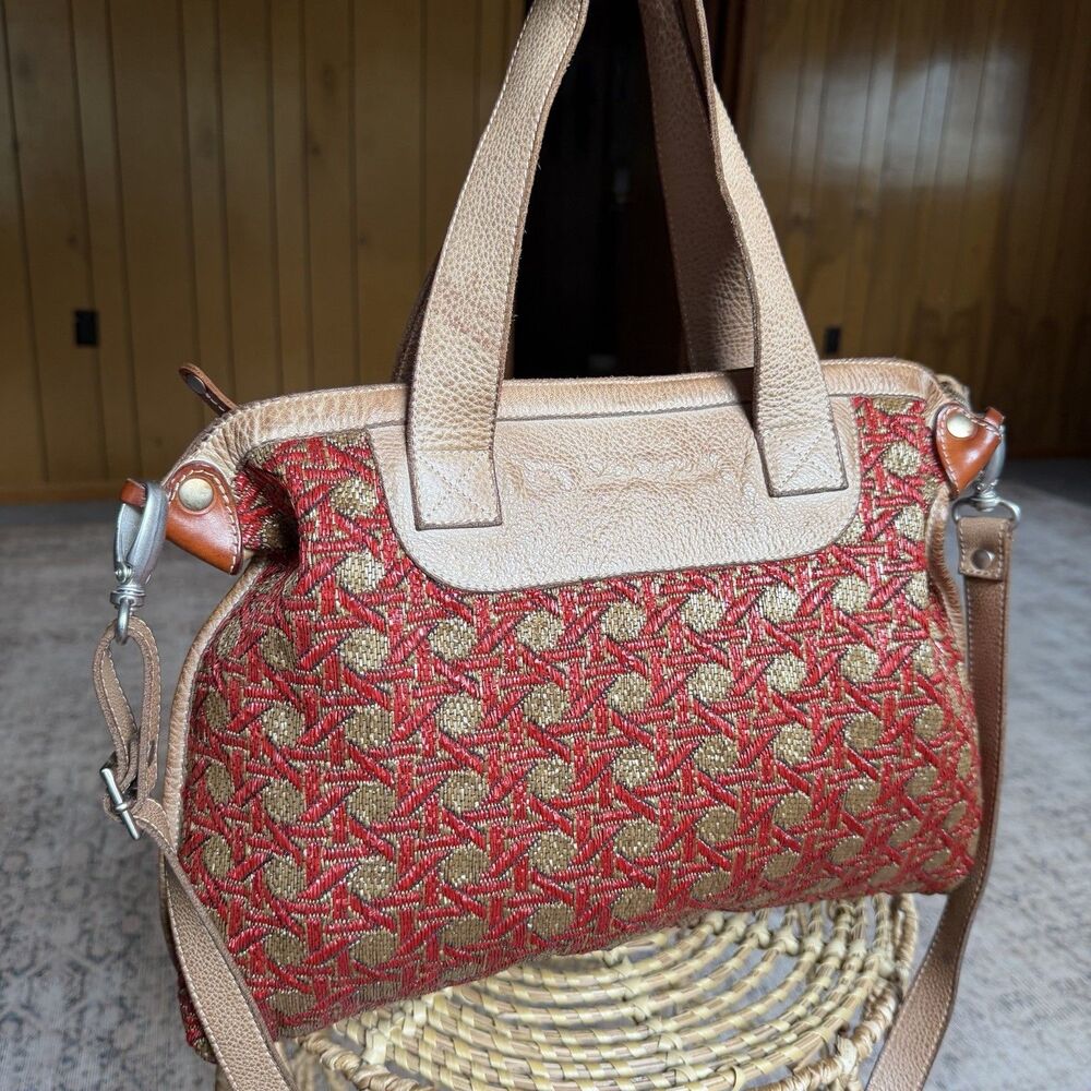 Vive La Difference Straw Leather Tote Shoulder Bag Made In Italy Brown Red